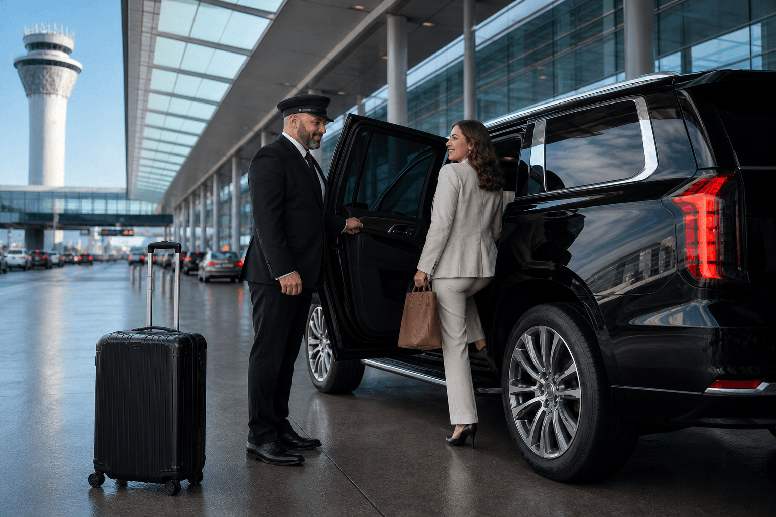 Professional airport pickup service with luxury black SUV and chauffeur at terminal