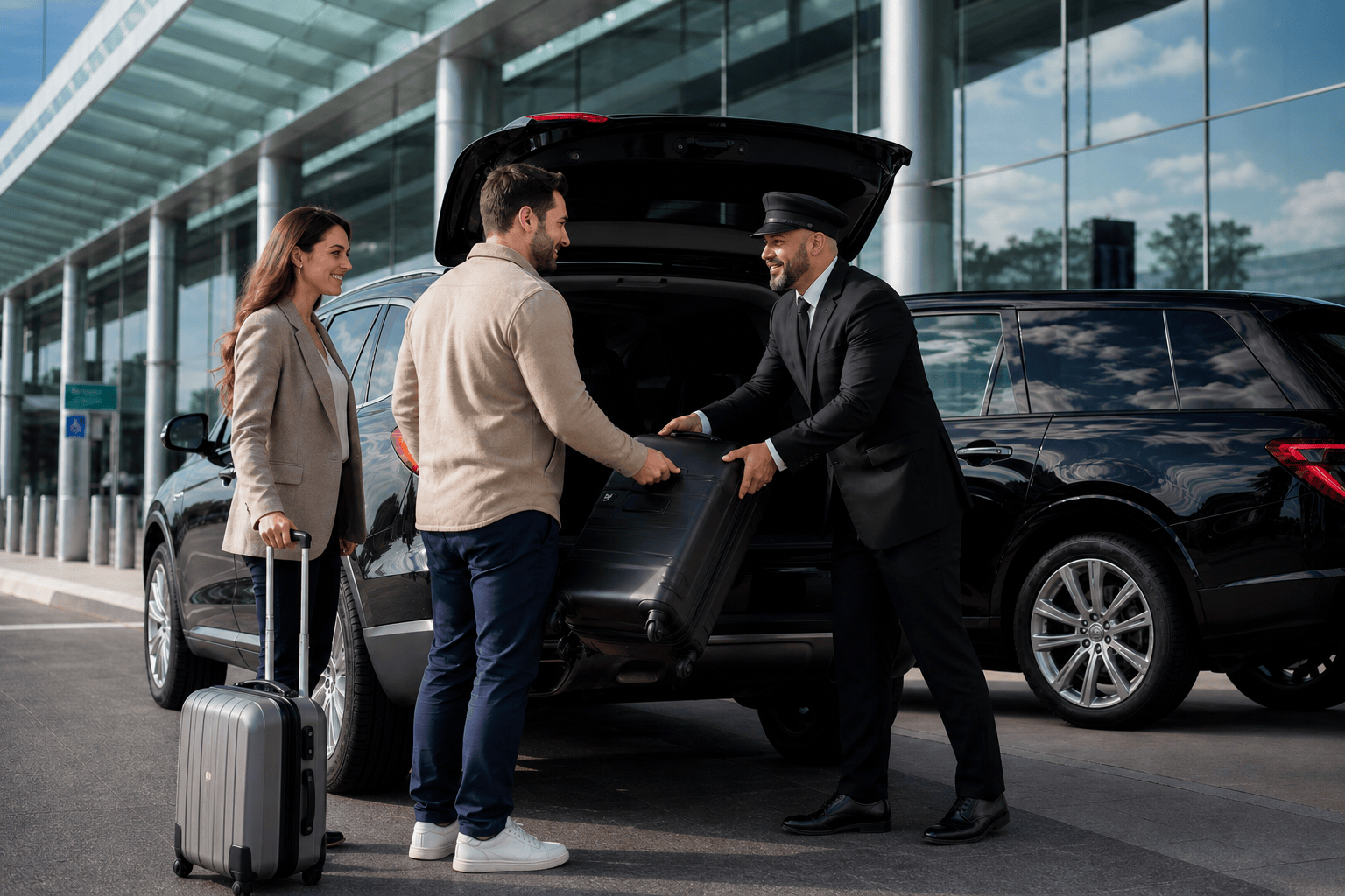MQ Limo chauffeur assisting travelers with luggage at airport terminal